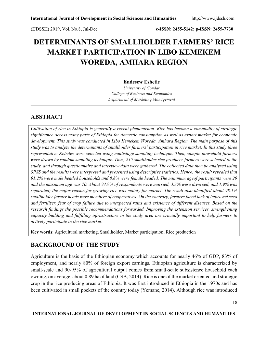 Determinants of Smallholder Farmers' Rice Market Participation in Libo Kemekem Woreda, Amhara Region