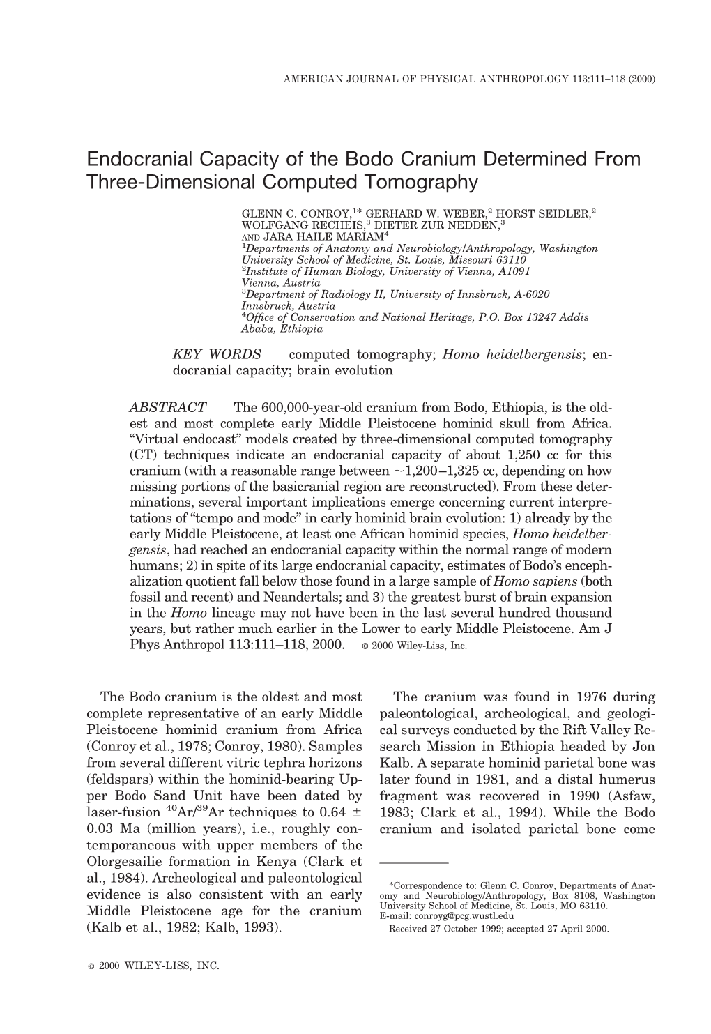 Endocranial Capacity of the Bodo Cranium Determined from Three-Dimensional Computed Tomography