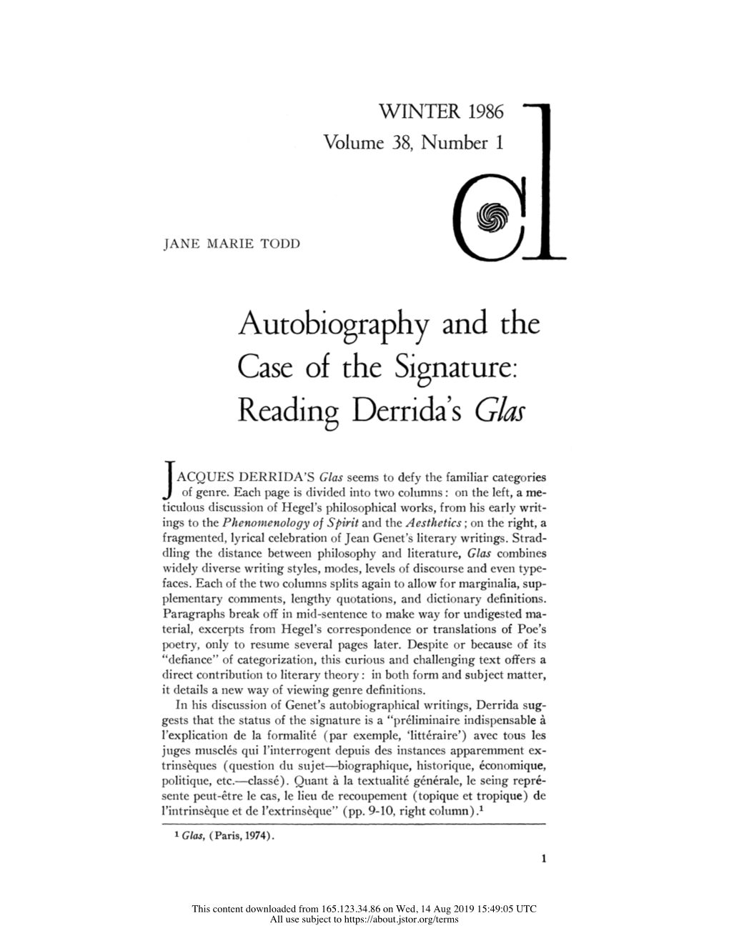 Autobiography and the Case of the Signature: Reading Derrida's Glas