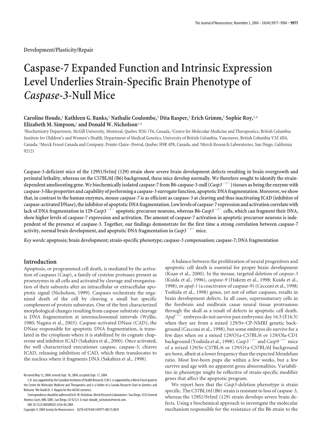 Caspase-7 Expanded Function and Intrinsic Expression Level Underlies Strain-Specific Brain Phenotype of Caspase-3-Null Mice
