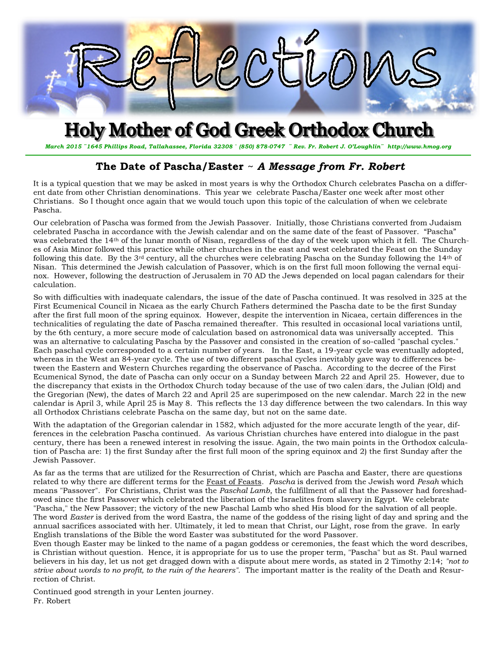 The Date of Pascha/Easter ~ a Message from Fr. Robert