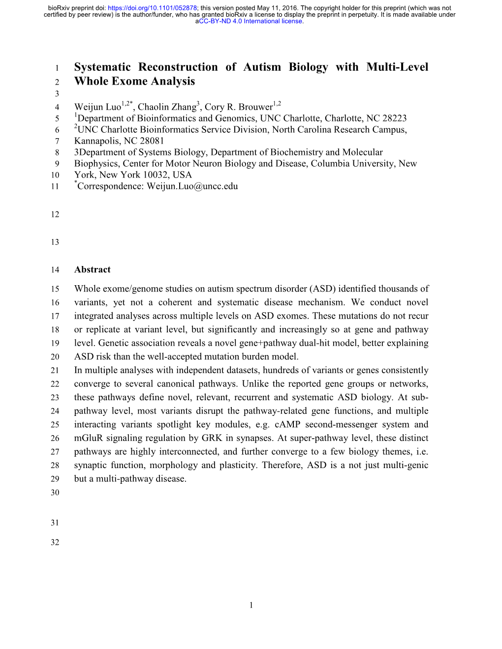 Systematic Reconstruction of Autism Biology with Multi-Level Whole