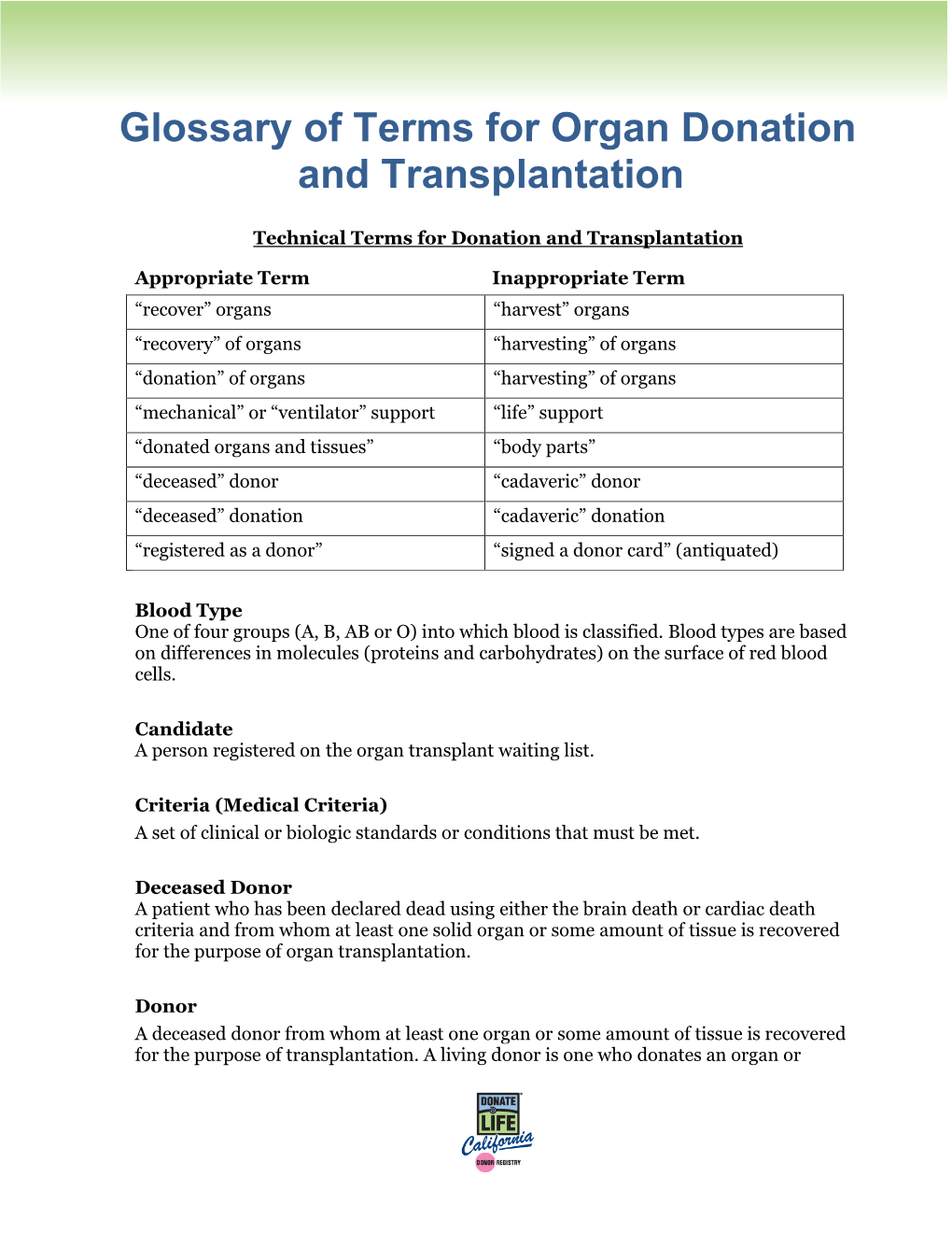 Glossary of Terms for Organ Donation and Transplantation