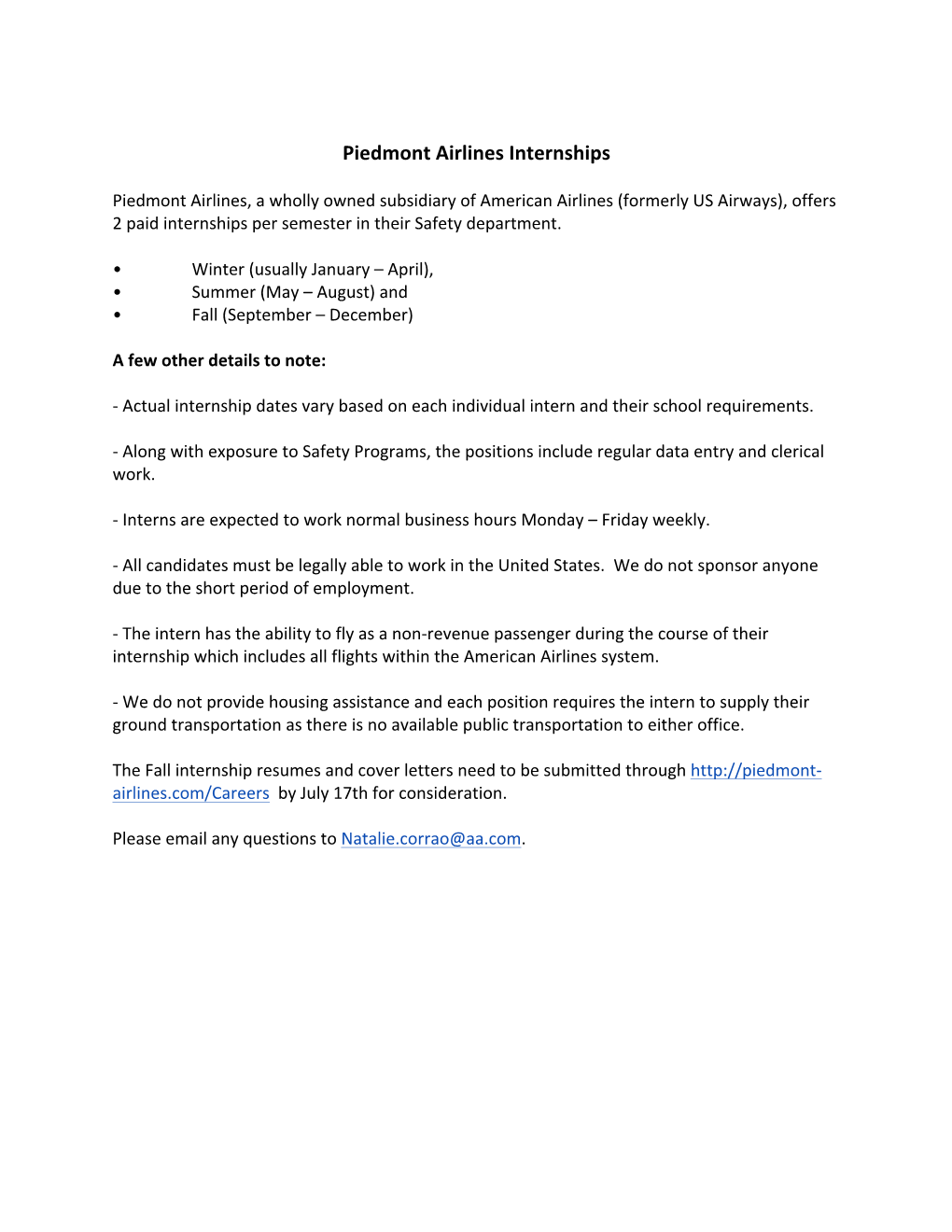 Piedmont Airlines Internships