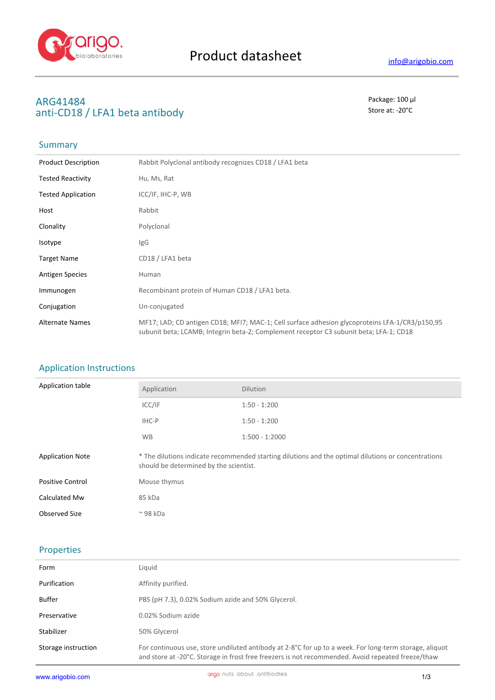 Anti-CD18 / LFA1 Beta Antibody (ARG41484)