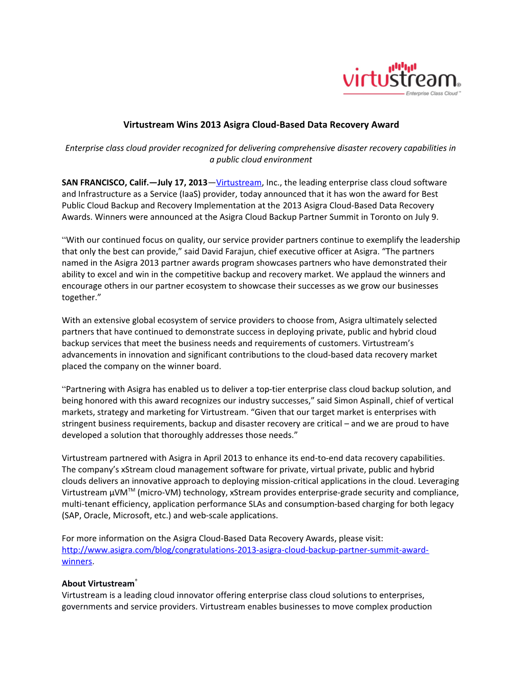 Virtustream Wins 2013 Asigra Cloud-Based Data Recovery Award