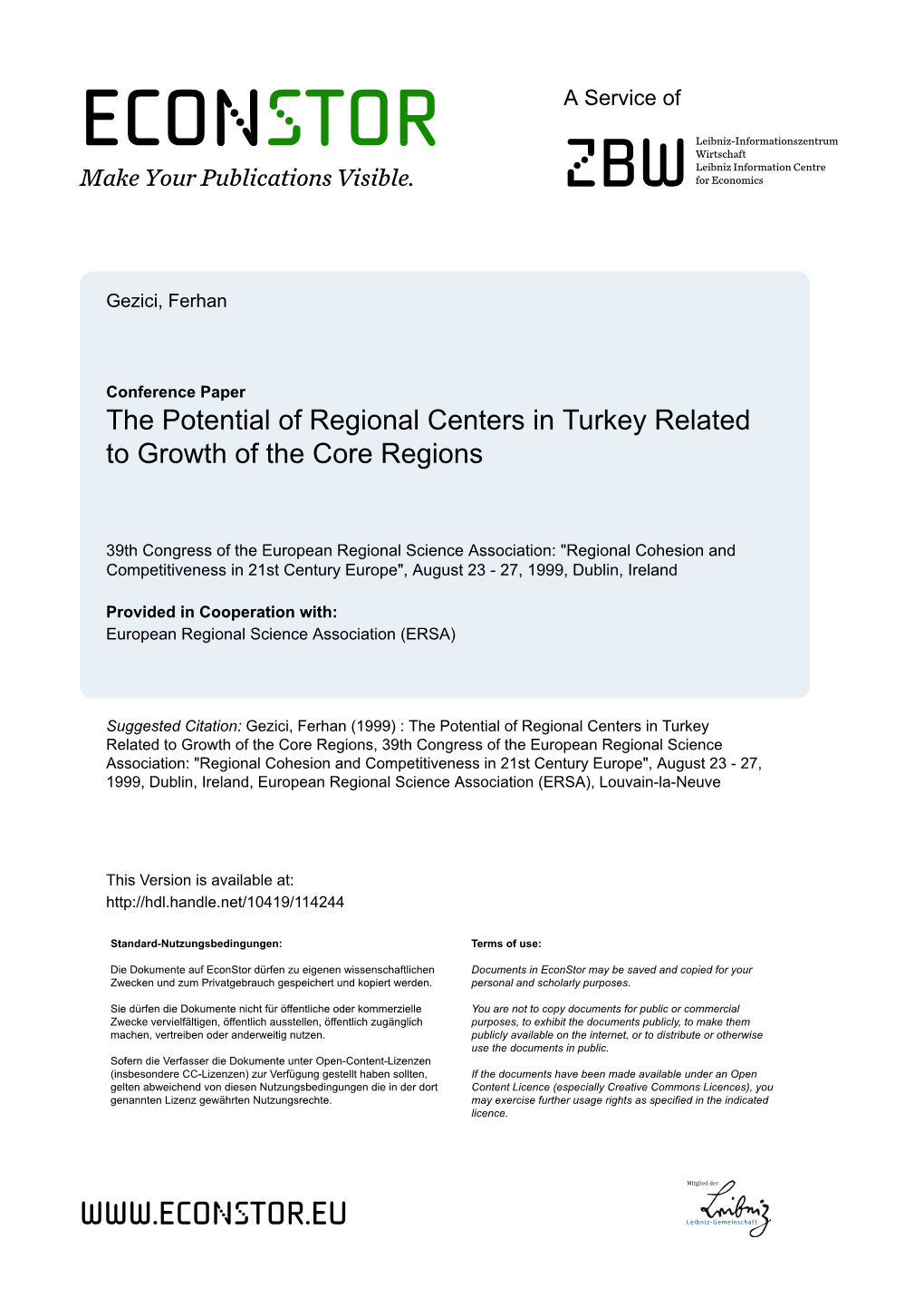 The Potential of Regional Centers in Turkey Related to Growth of the Core Regions