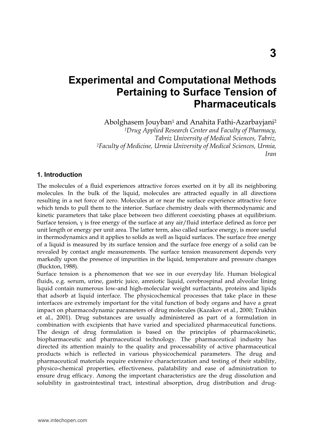 Experimental and Computational Methods Pertaining to Surface Tension of Pharmaceuticals