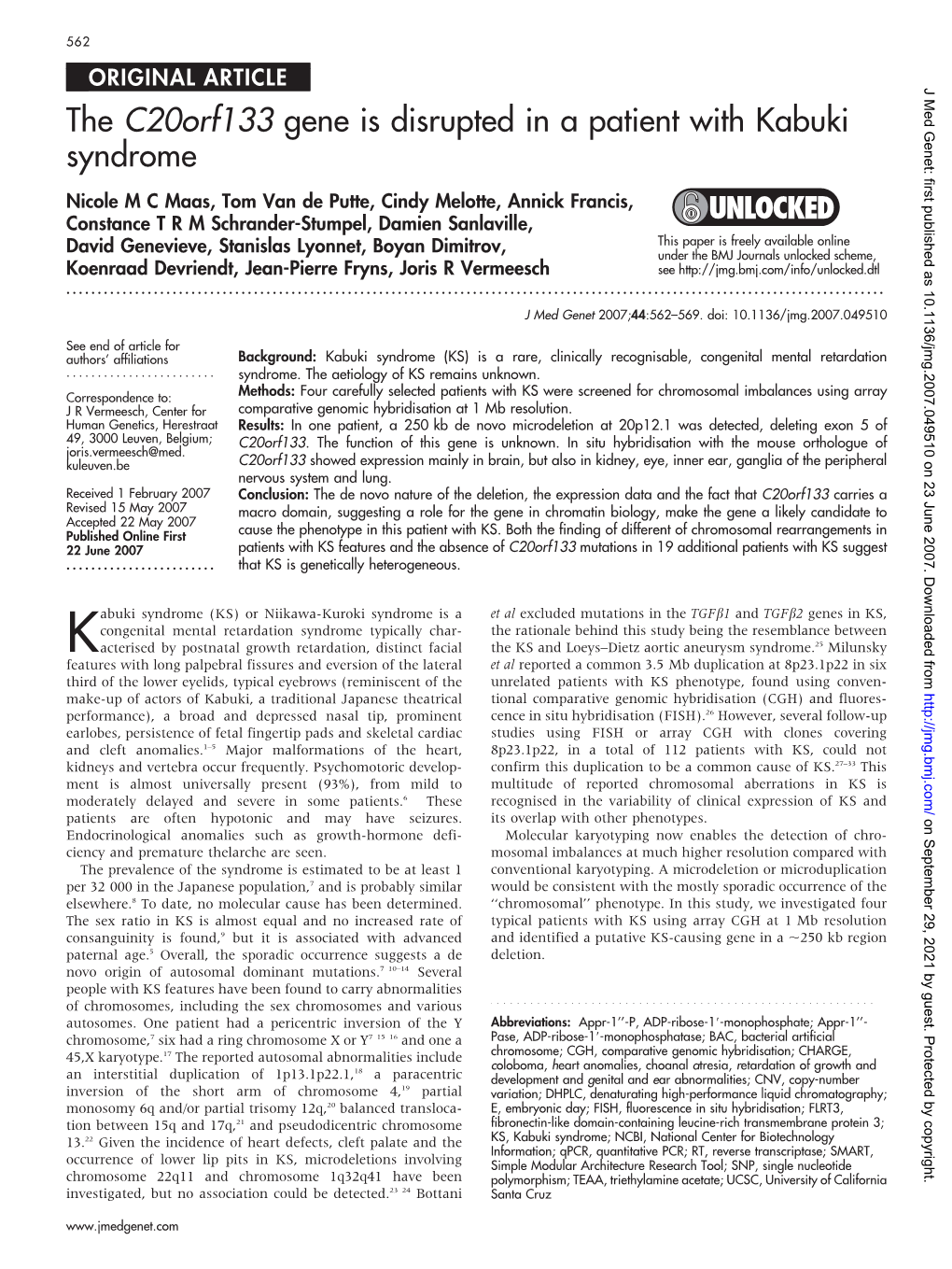 The C20orf133 Gene Is Disrupted in a Patient with Kabuki Syndrome