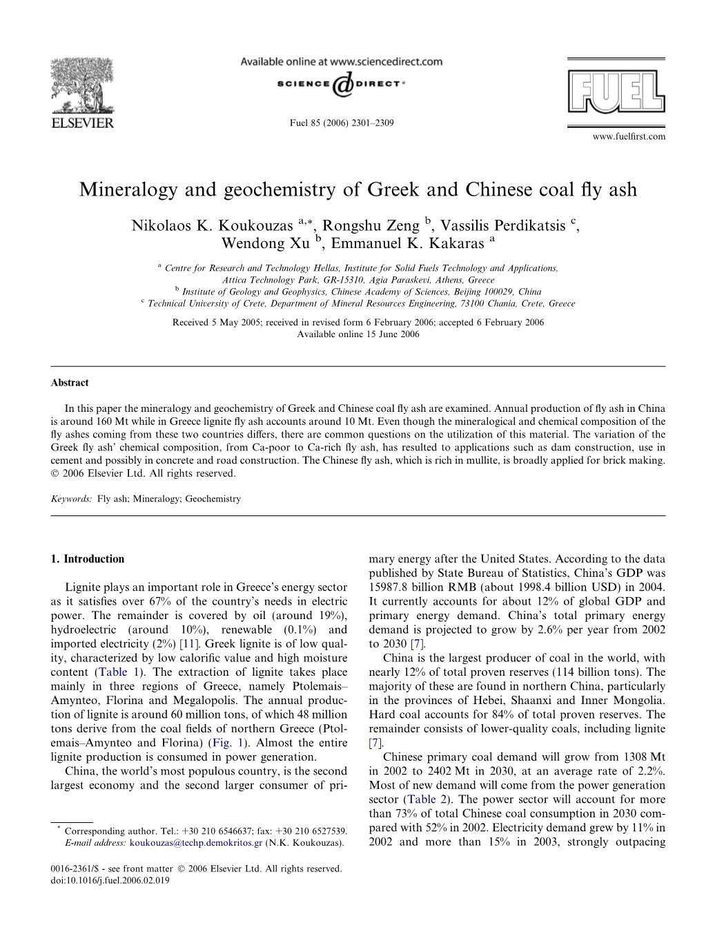 Mineralogy and Geochemistry of Greek and Chinese Coal Fly