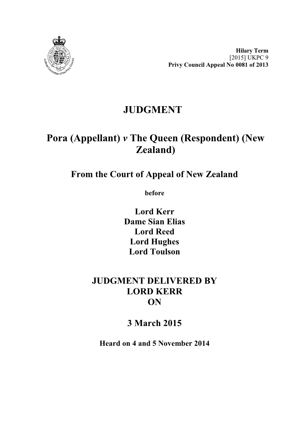 Pora (Appellant) V the Queen (Respondent) (New Zealand)