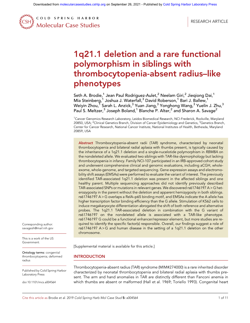 1Q21.1 Deletion and a Rare Functional Polymorphism in Siblings with Thrombocytopenia-Absent Radius–Like Phenotypes