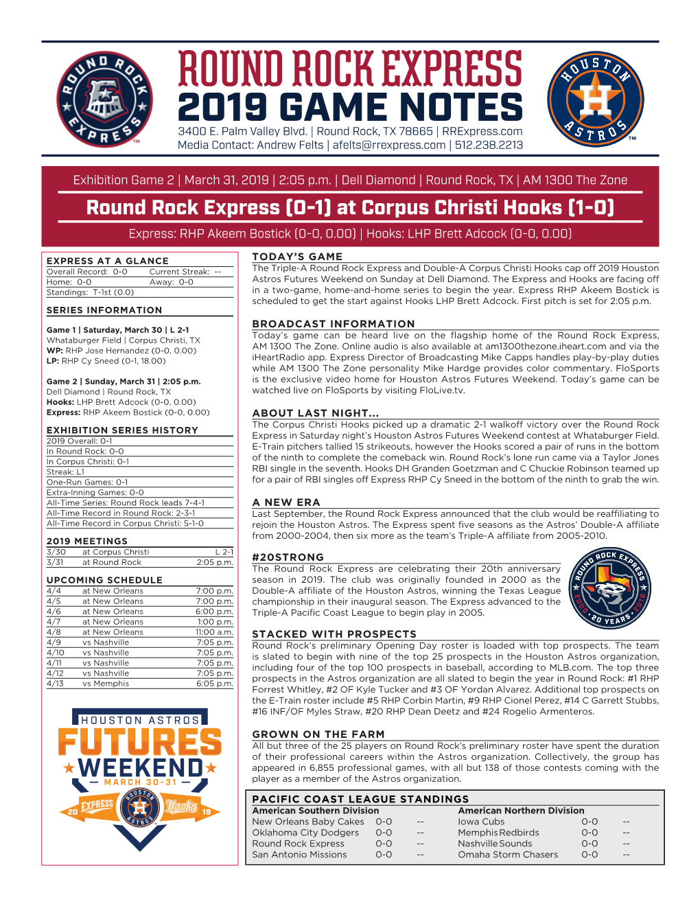 Round Rock Express 2019 GAME NOTES 3400 E