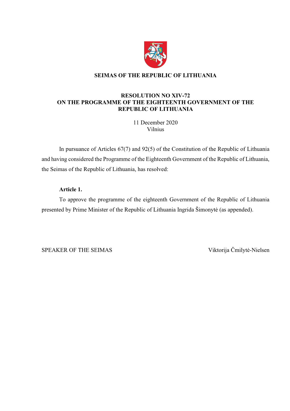 Seimas of the Republic of Lithuania Resolution No Xiv