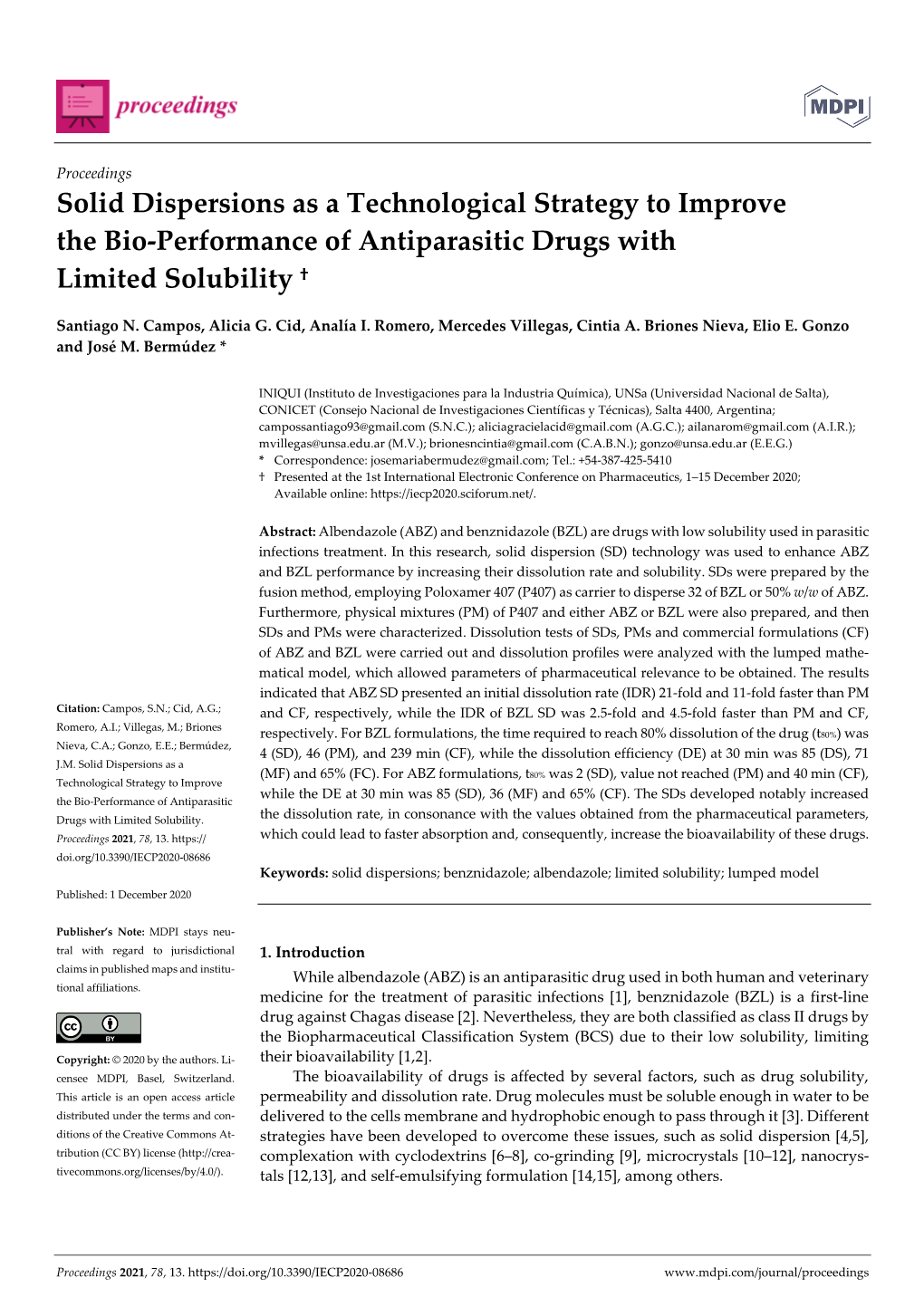 Solid Dispersions As a Technological Strategy to Improve the Bio-Performance of Antiparasitic Drugs with Limited Solubility †