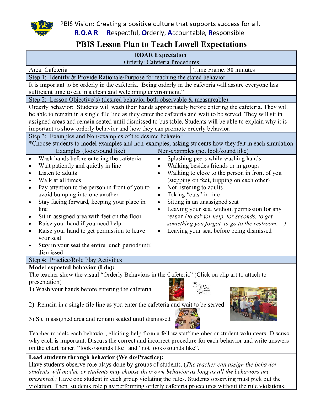PBIS Lesson Plan to Teach Lowell Expectations