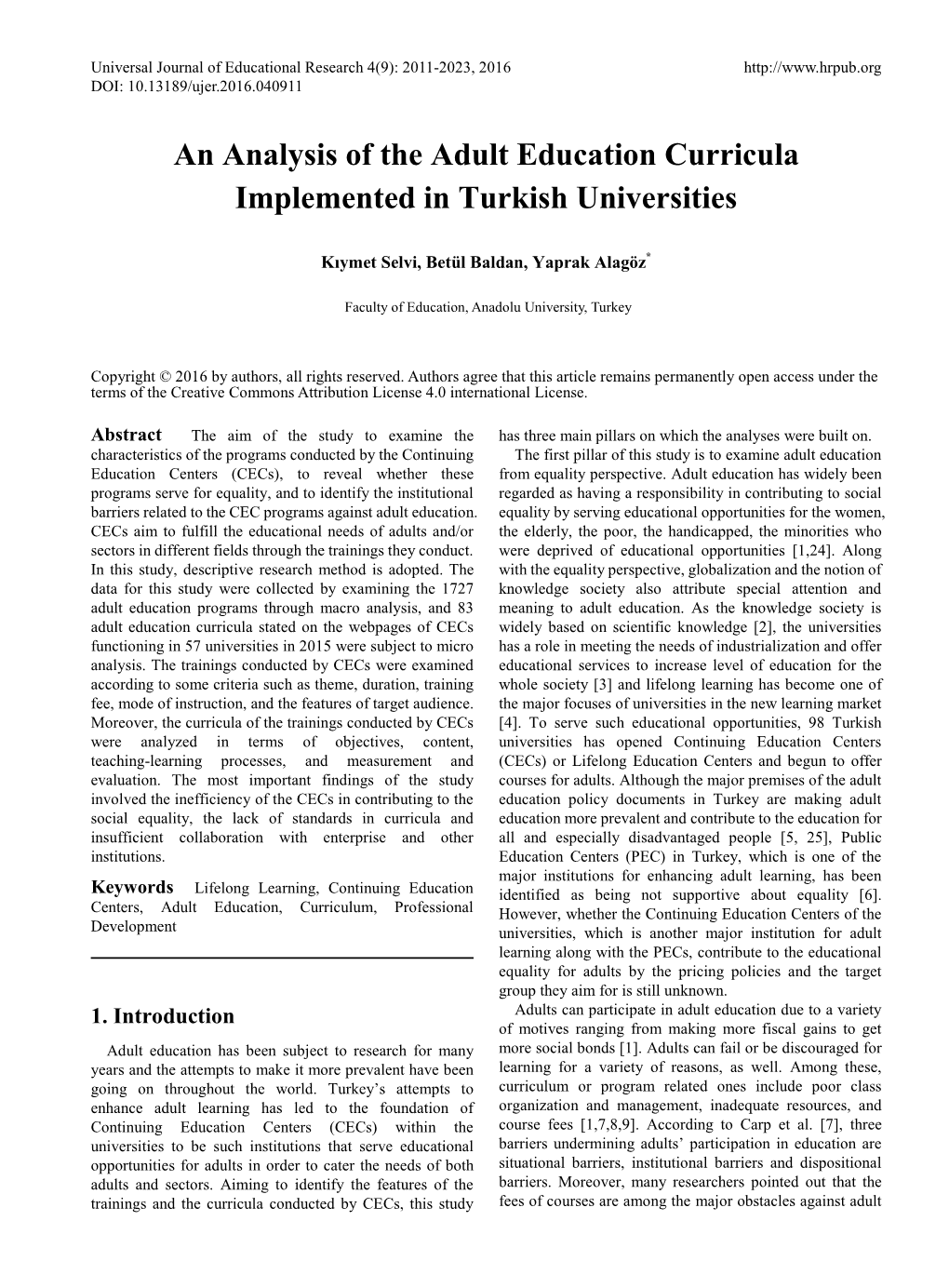 An Analysis of the Adult Education Curricula Implemented in Turkish Universities