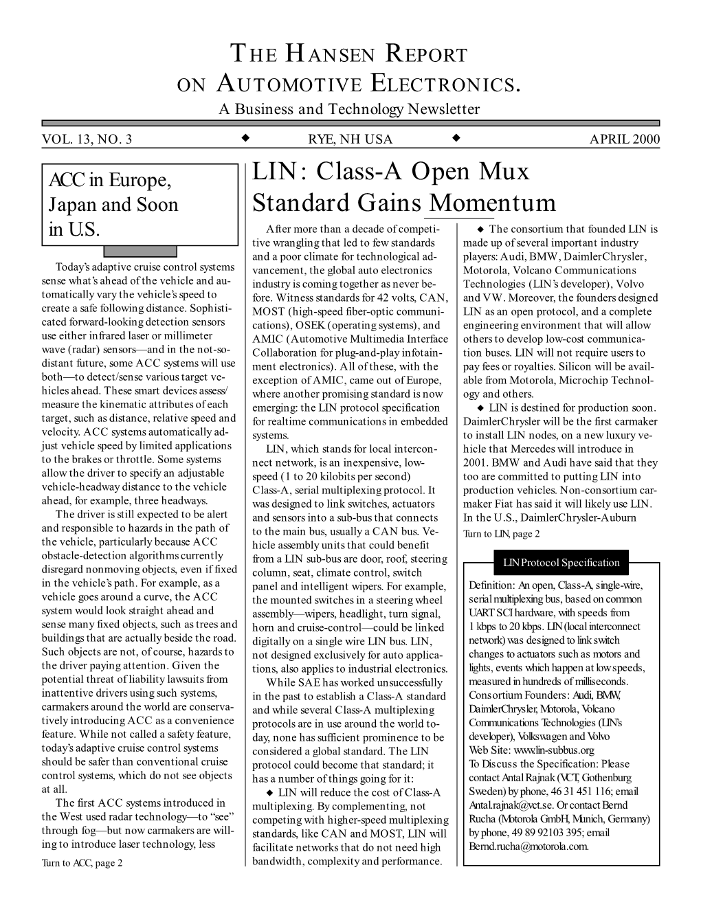 LIN: Class-A Open Mux Standard Gains Momentum