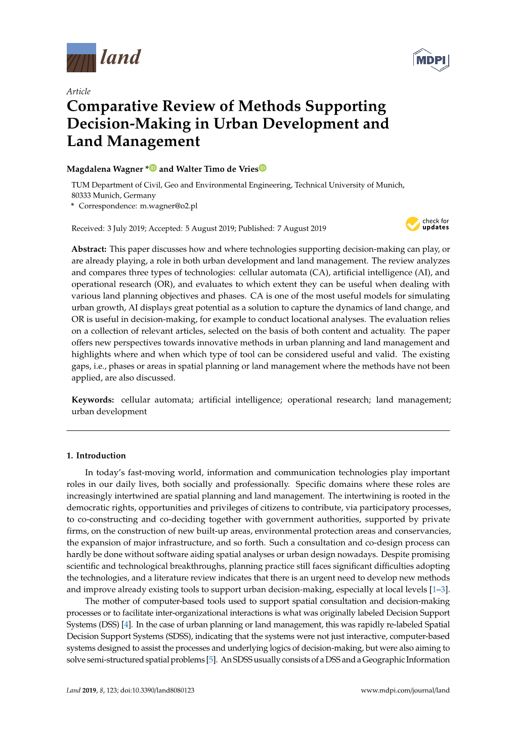 Comparative Review of Methods Supporting Decision-Making in Urban Development and Land Management