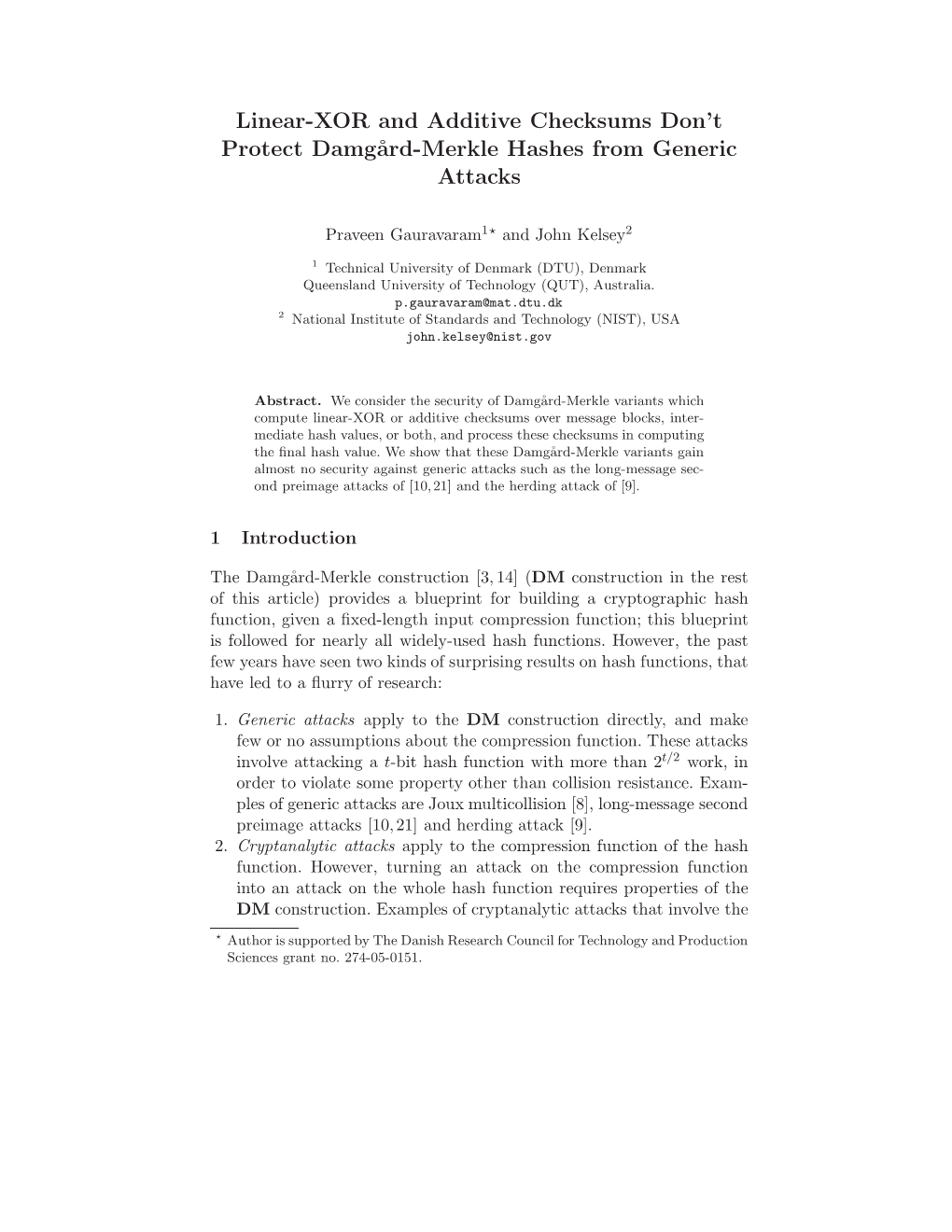 Linear-XOR and Additive Checksums Don't Protect Damgård-Merkle