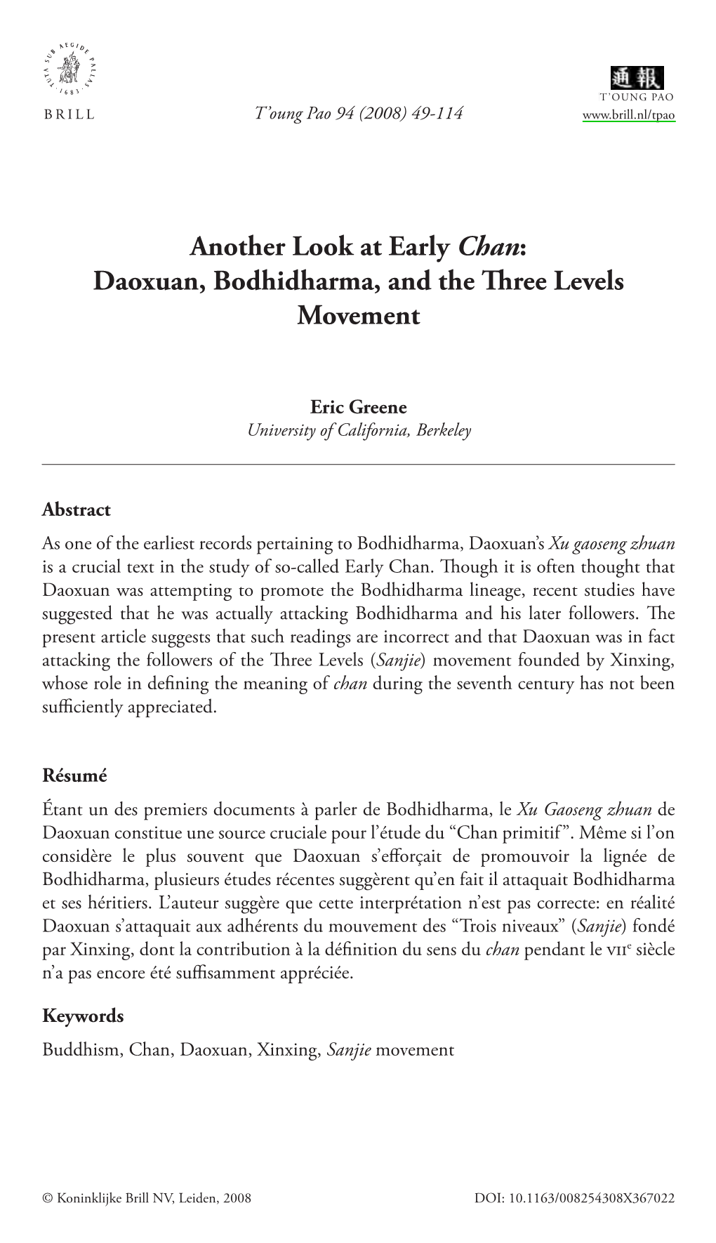 Another Look at Early Chan: Daoxuan, Bodhidharma, and the Three Levels Movement