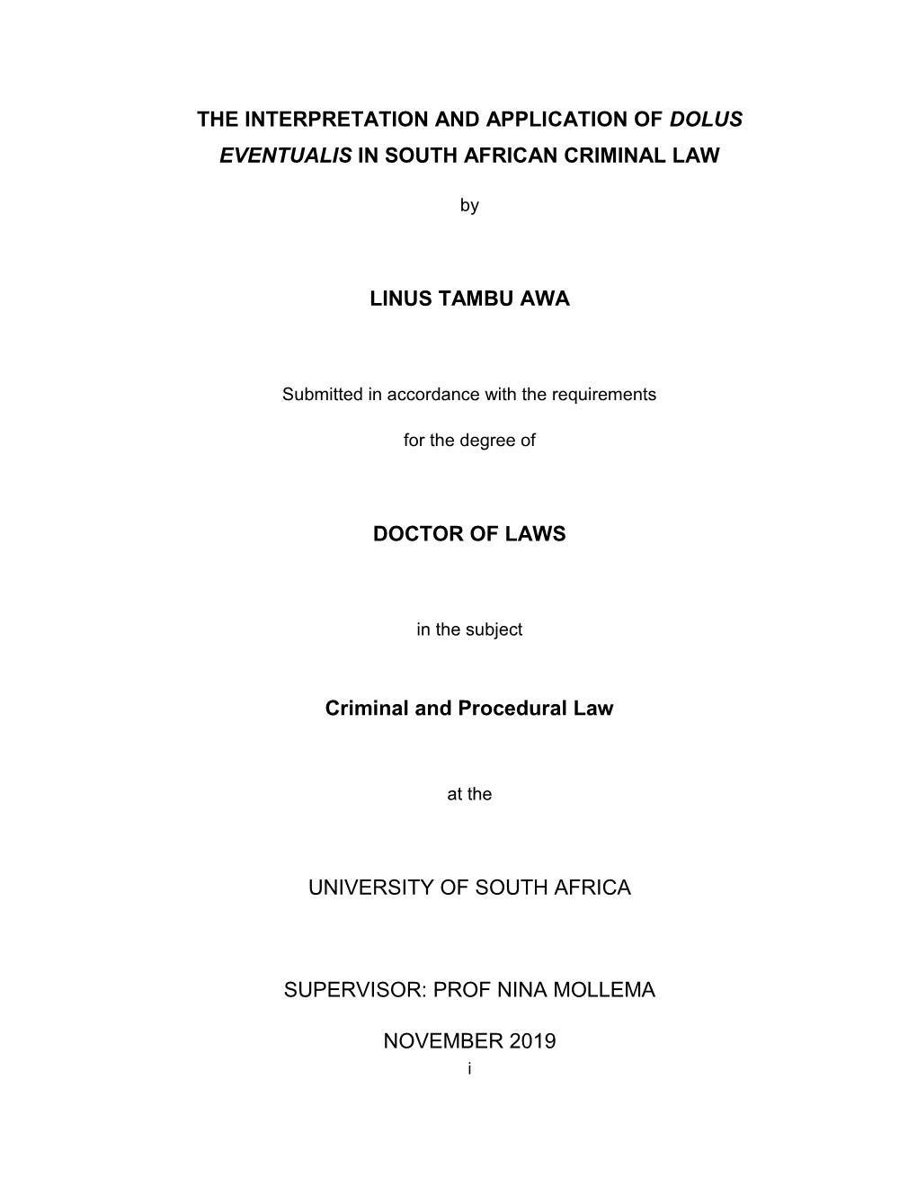 Dolus Eventualis in South African Criminal Law