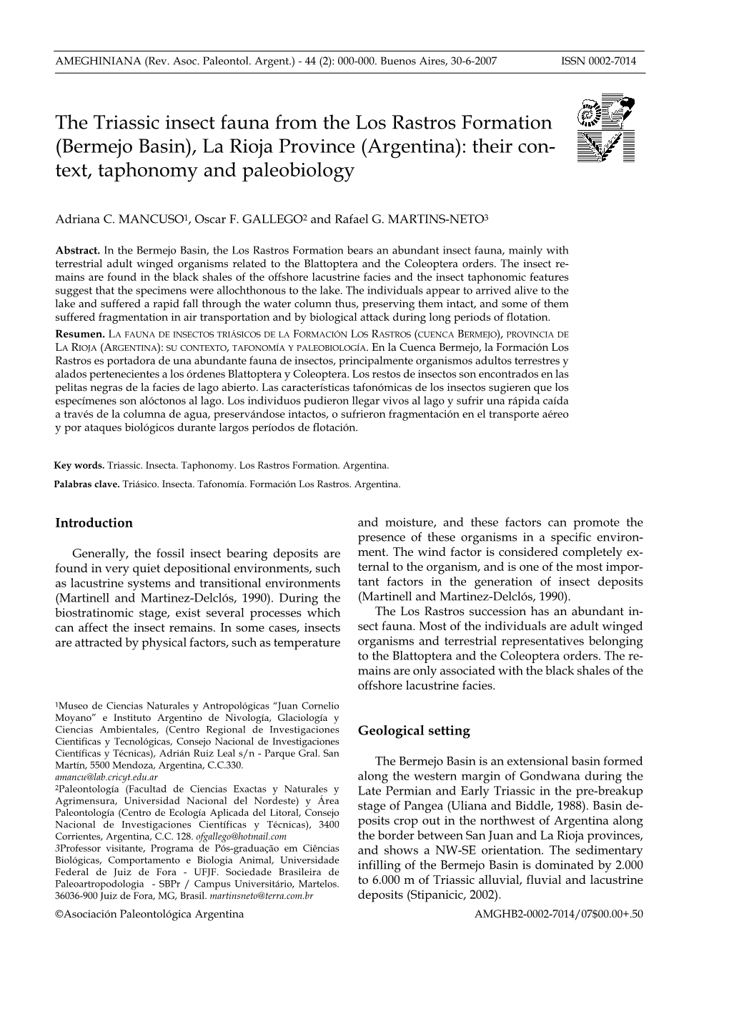 The Triassic Insect Fauna from the Los Rastros Formation (Bermejo Basin), La Rioja Province (Argentina): Their Con- Text, Taphonomy and Paleobiology