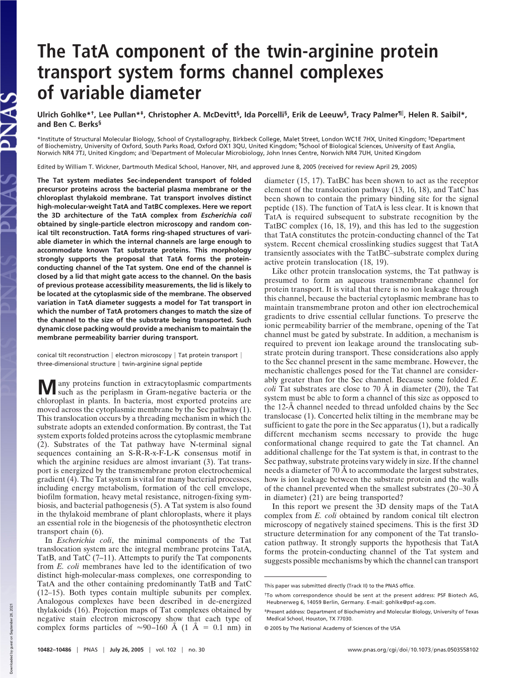 The Tata Component of the Twin-Arginine Protein Transport System Forms Channel Complexes of Variable Diameter