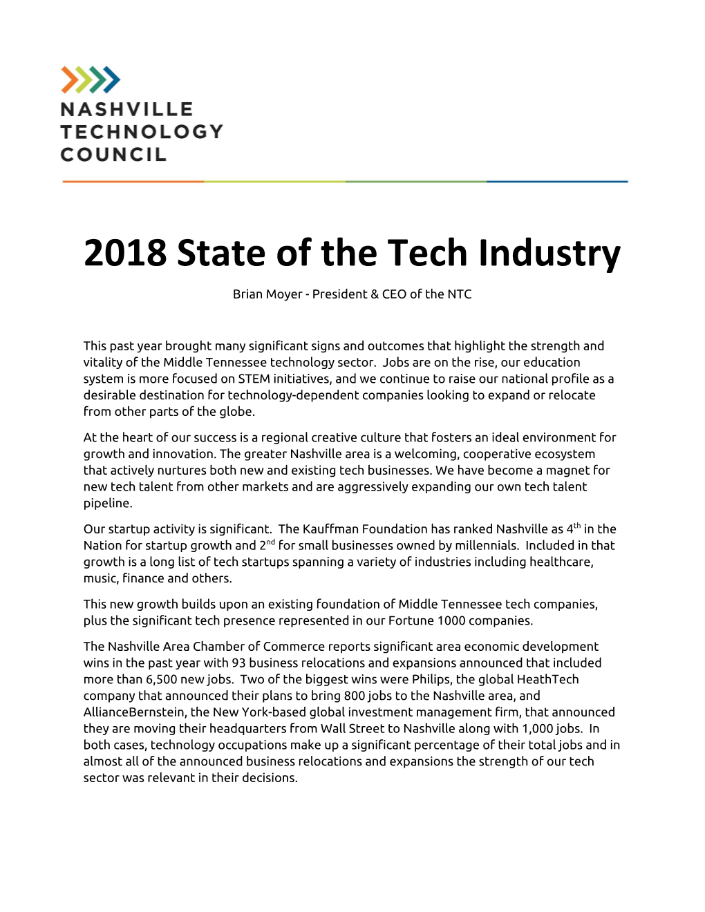 2018 State of the Tech Industry Brian Moyer - President & CEO of the NTC