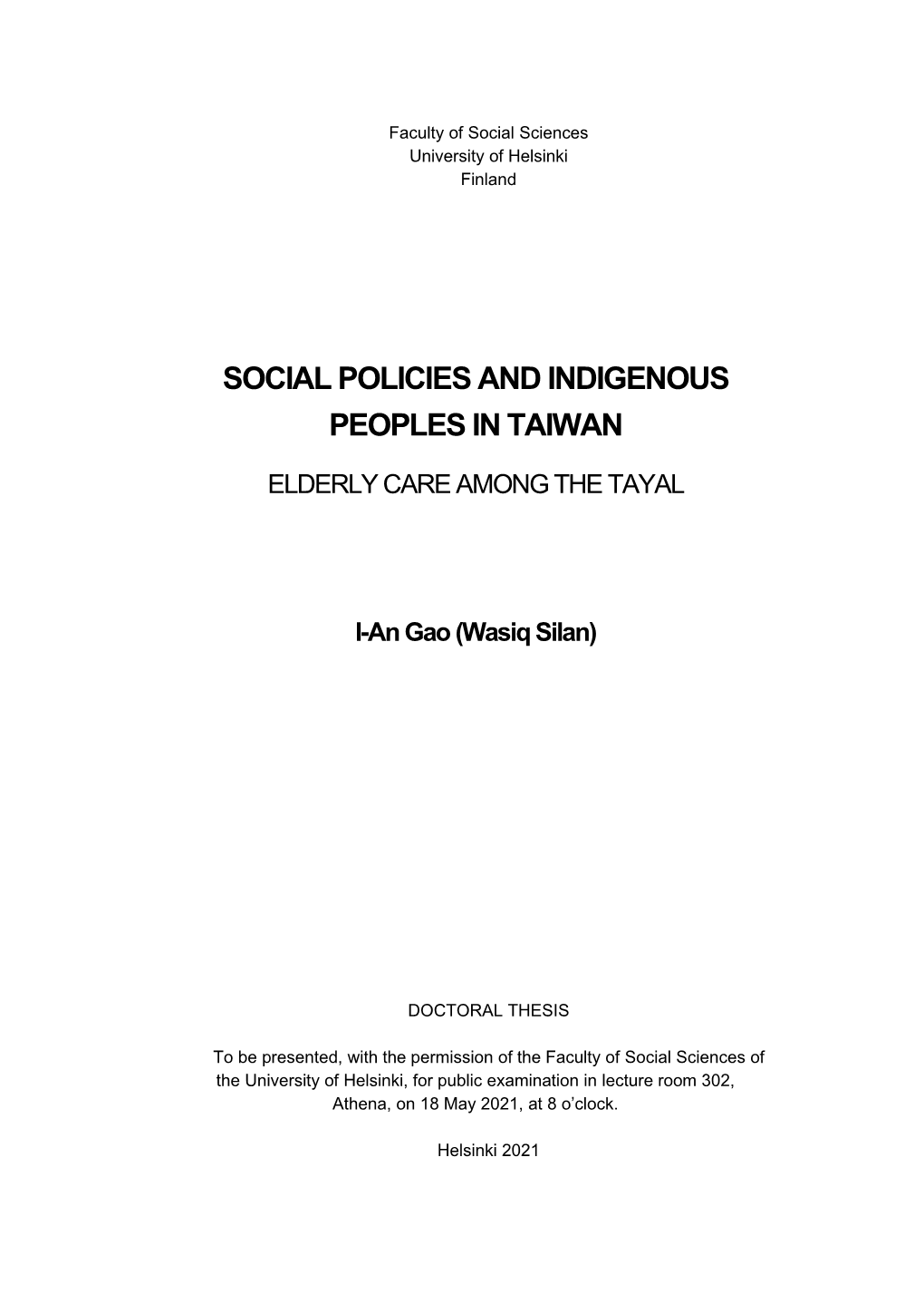 Social Policies and Indigenous Peoples in Taiwan