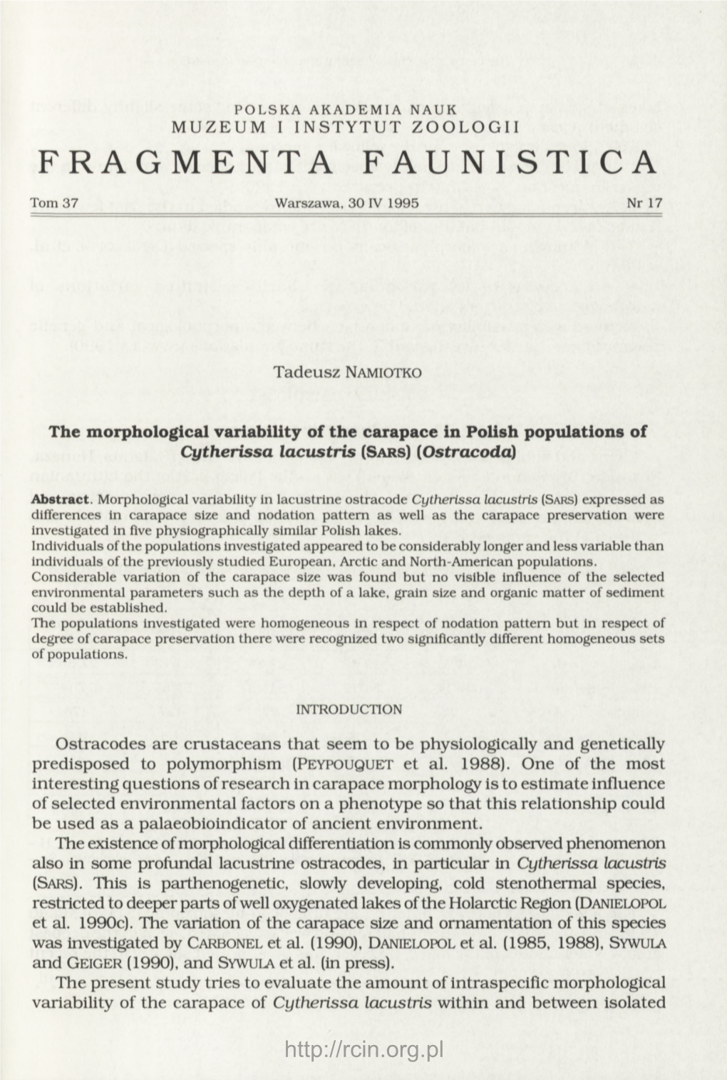 The Morphological Variability of the Carapace in Polish Populations of Cytherissa Lacustris (S a R S ) (O Stracoda)