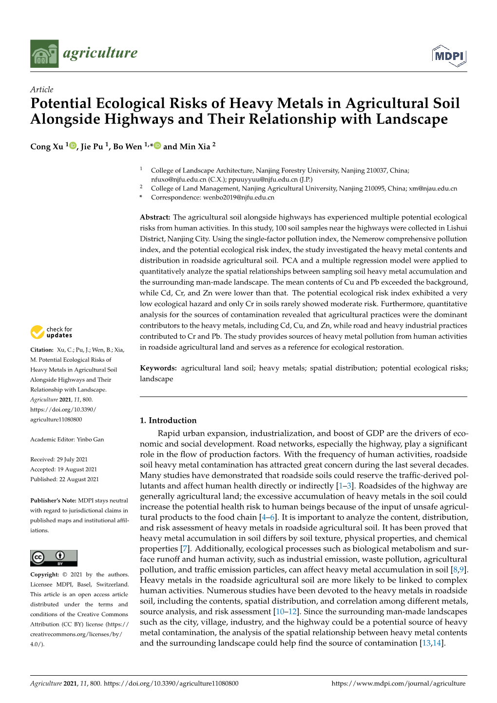 Potential Ecological Risks of Heavy Metals in Agricultural Soil Alongside Highways and Their Relationship with Landscape