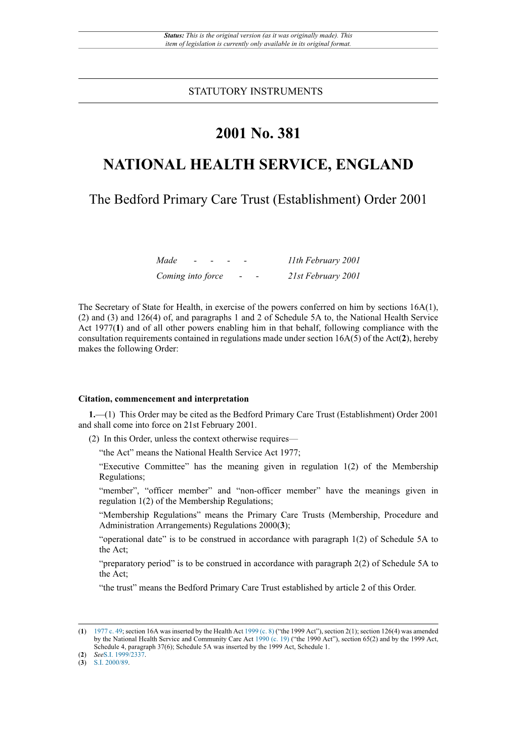 The Bedford Primary Care Trust (Establishment) Order 2001