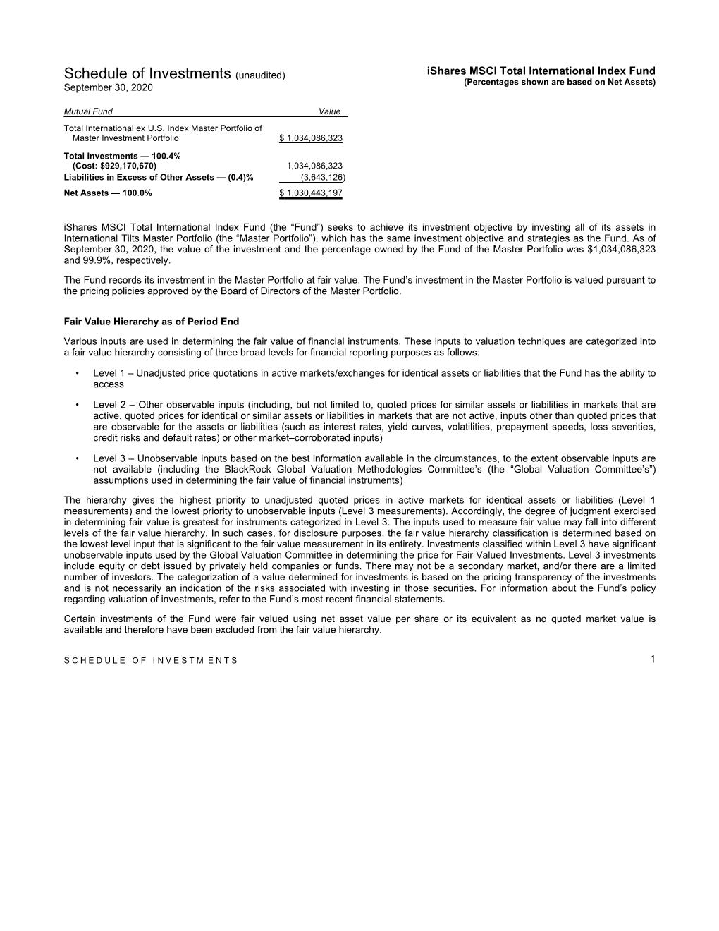 Schedule of Investments (Unaudited) Ishares MSCI Total International Index Fund (Percentages Shown Are Based on Net Assets) September 30, 2020