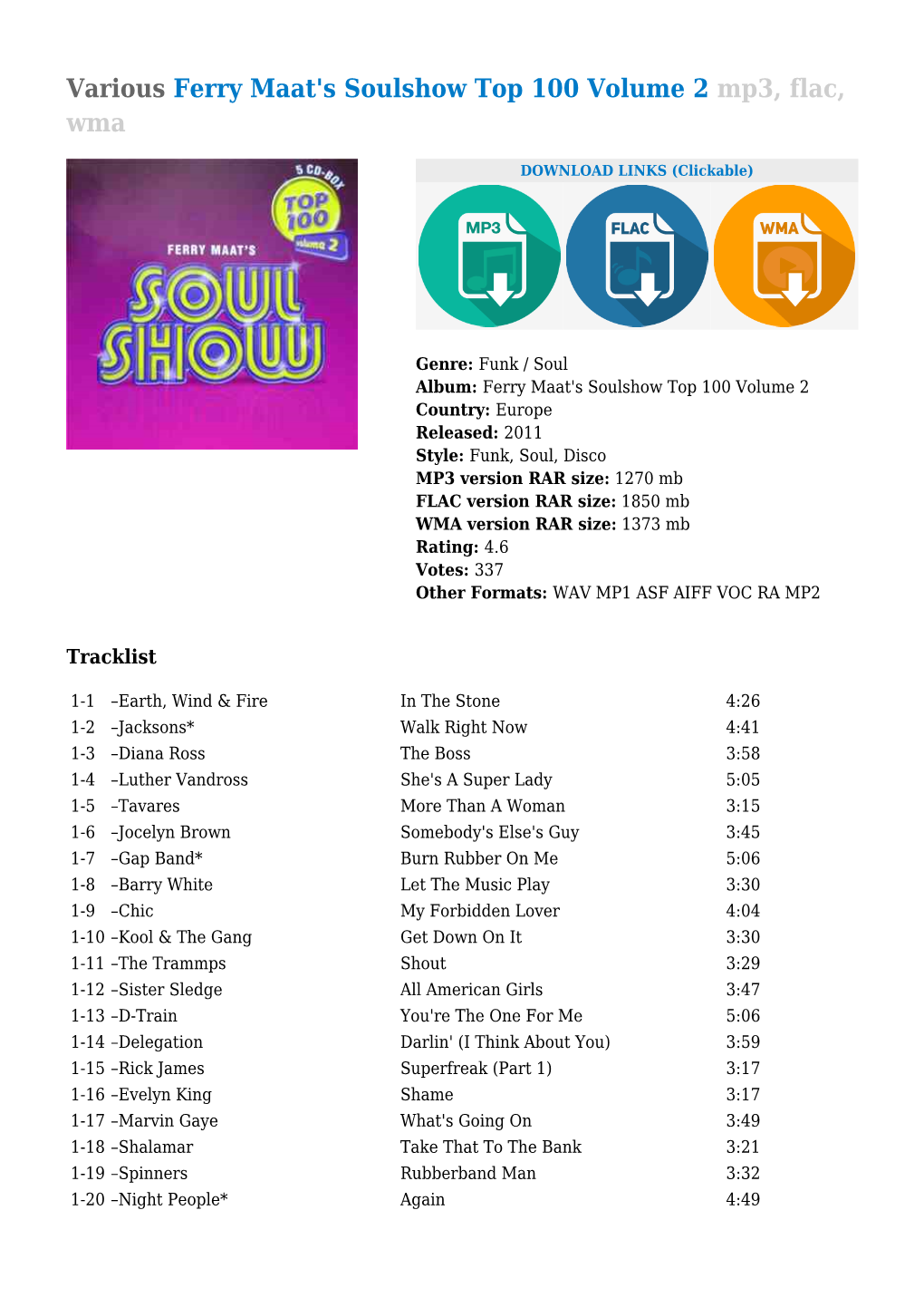 Various Ferry Maat's Soulshow Top 100 Volume 2 Mp3, Flac, Wma