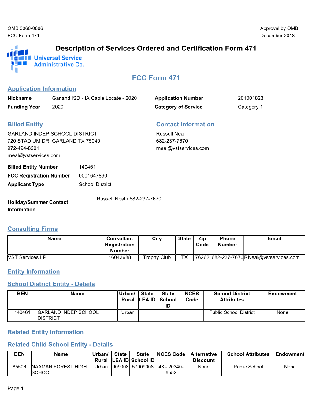 Description of Services Ordered and Certification Form 471 FCC Form