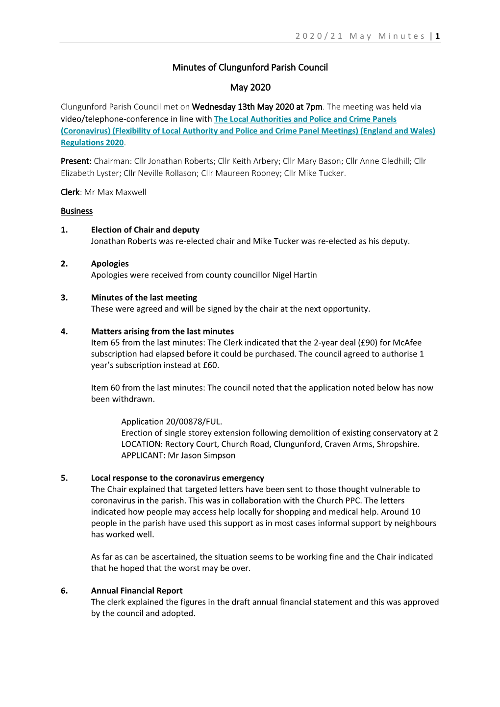 Minutes of Clungunford Parish Council May 2020