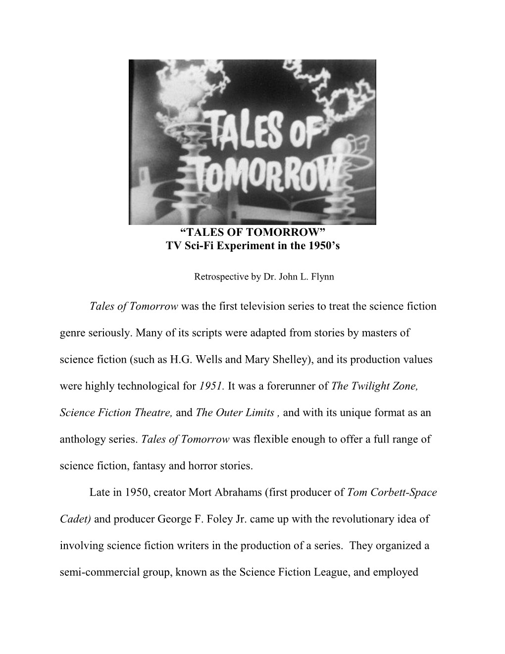 TALES of TOMORROW” TV Sci-Fi Experiment in the 1950’S