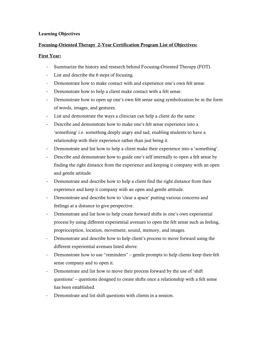 Learning Objectives Focusing-Oriented Therapy 2-Year