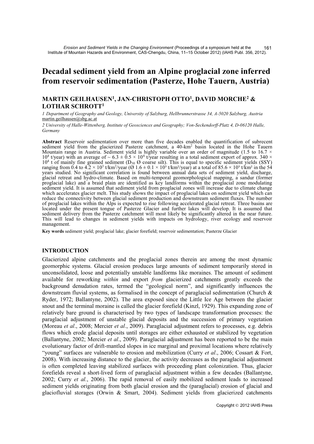 Decadal Sediment Yield from an Alpine Proglacial Zone Inferred from Reservoir Sedimentation (Pasterze, Hohe Tauern, Austria)