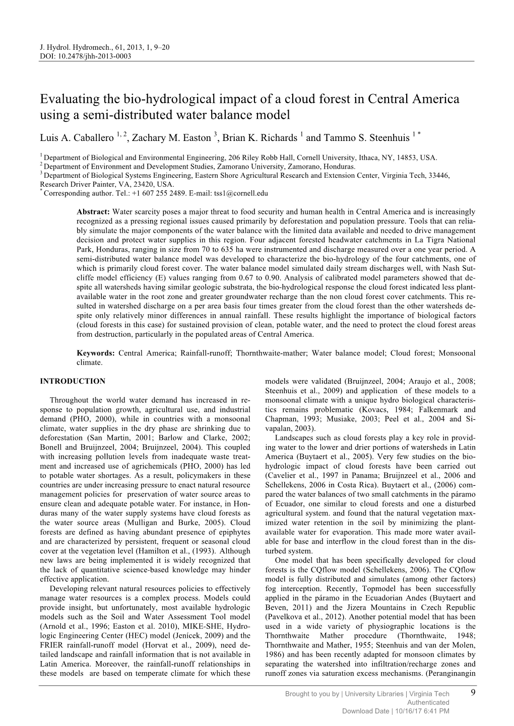 Evaluating the Bio-Hydrological Impact of a Cloud Forest in Central America Using a Semi-Distributed Water Balance Model