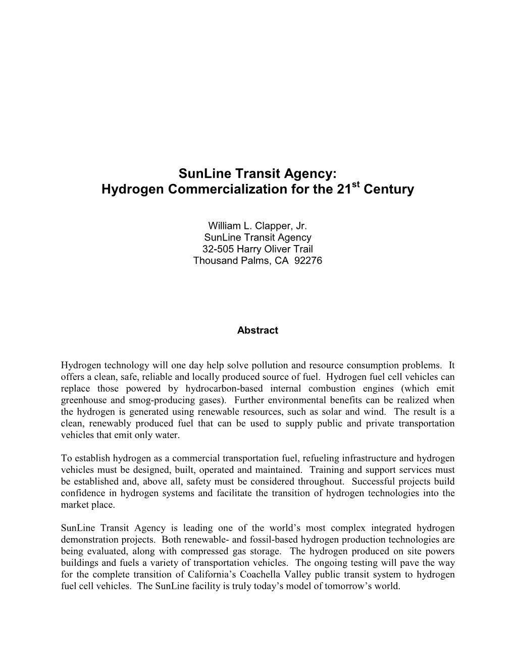 Sunline Transit Agency: Hydrogen Commercialization for the 21St Century