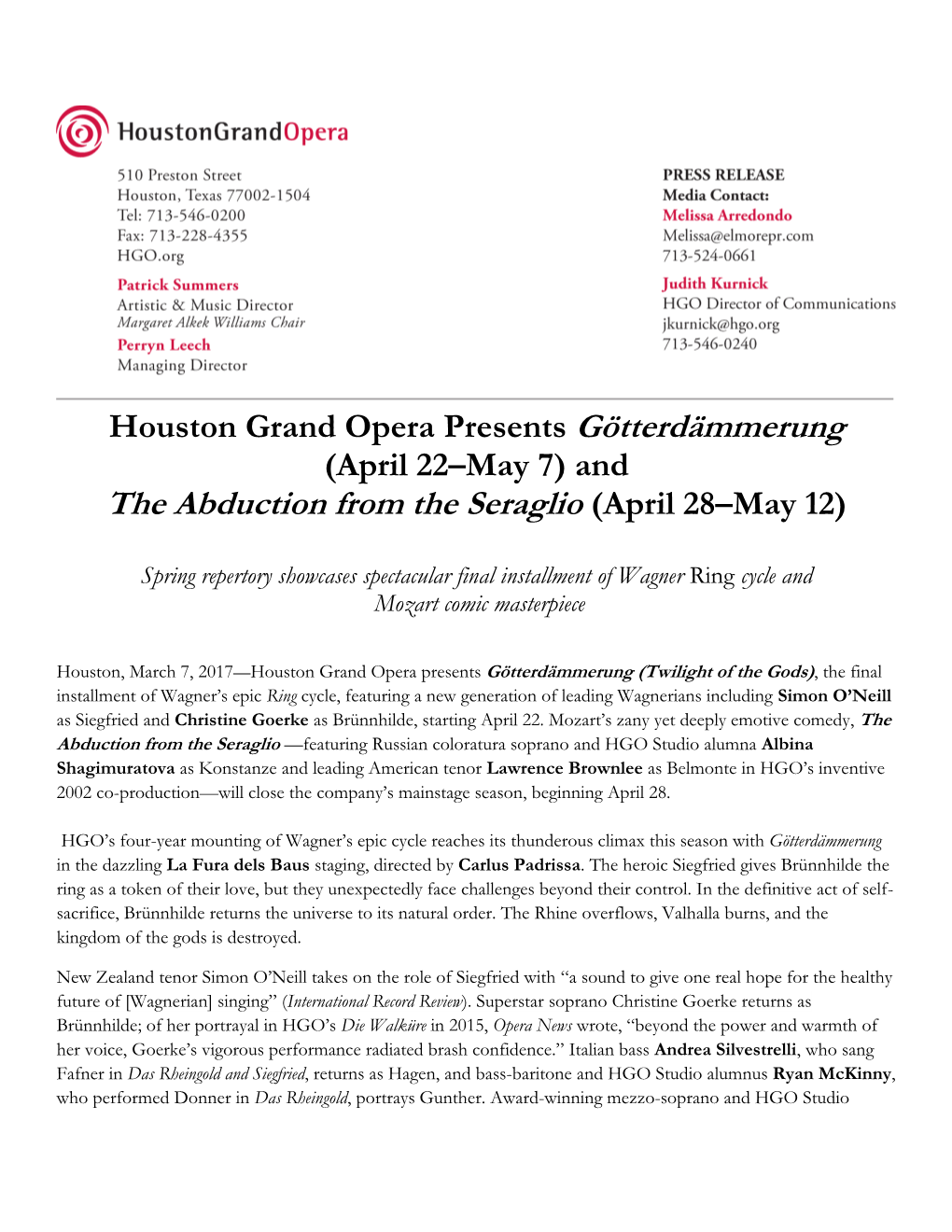 The Abduction from the Seraglio (April 28–May 12)