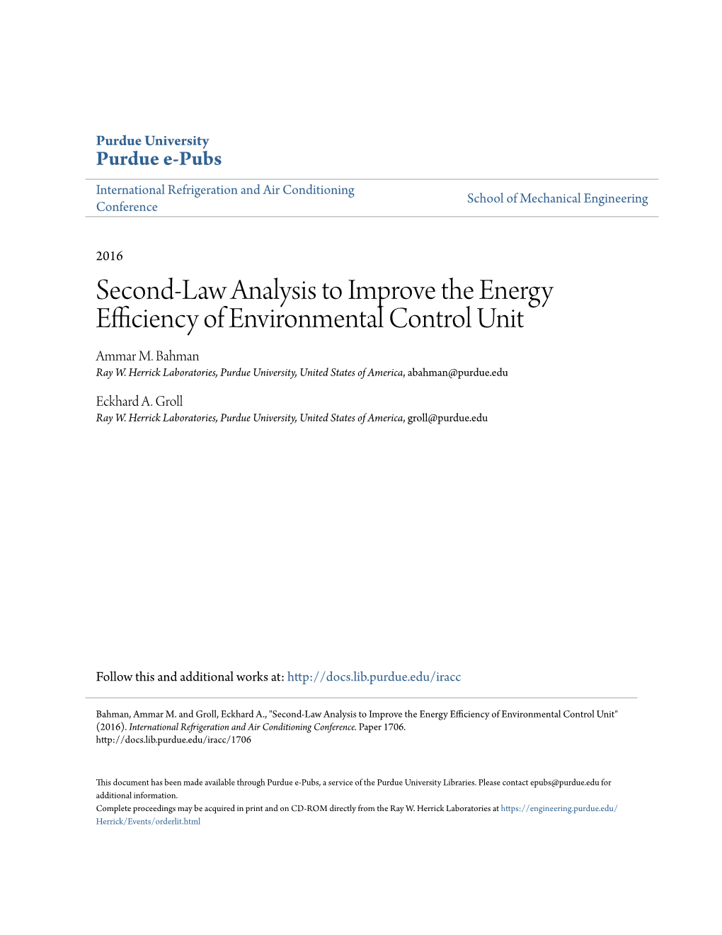 Second-Law Analysis to Improve the Energy Efficiency of Environmental Control Unit Ammar M