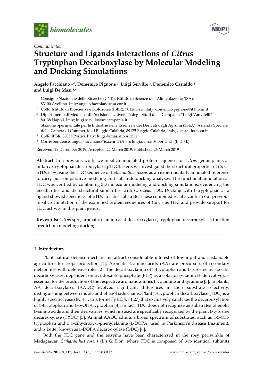 Structure and Ligands Interactions of Citrus Tryptophan Decarboxylase by Molecular Modeling and Docking Simulations