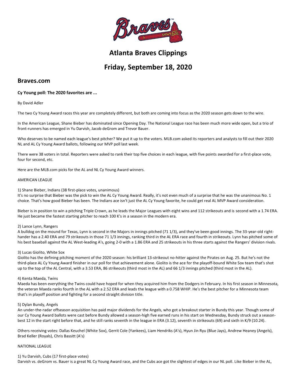 Atlanta Braves Clippings Friday, September 18, 2020 Braves.Com