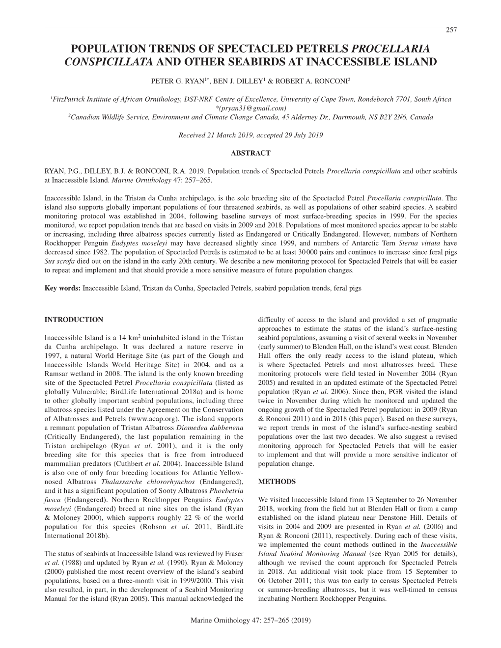 Population Trends of Spectacled Petrels Procellaria Conspicillata and Other Seabirds at Inaccessible Island