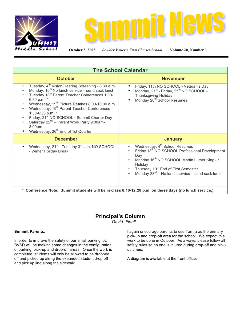 The School Calendar Principal's Column