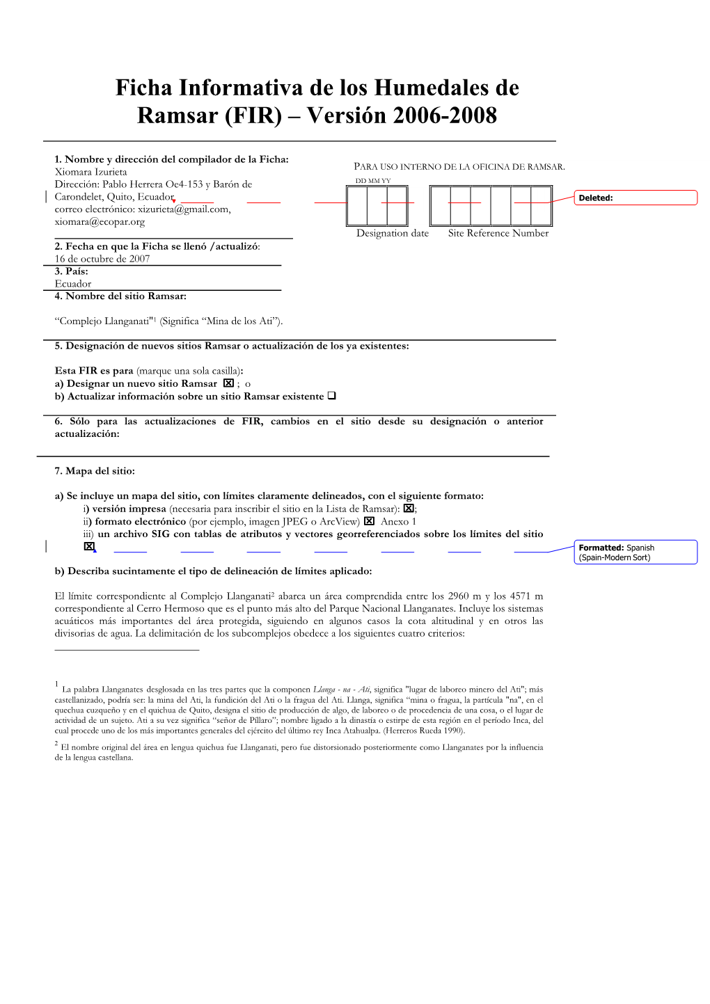 Ficha Informativa De Los Humedales De Ramsar (FIR) – Versión 2006-2008 � � 1