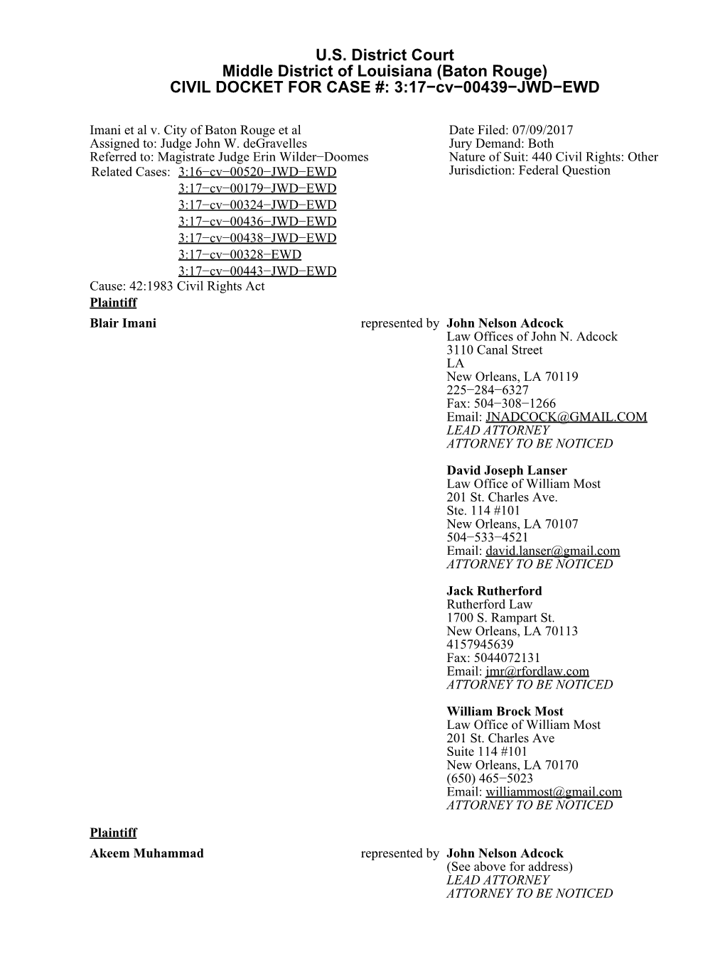 Baton Rouge) CIVIL DOCKET for CASE #: 3:17−Cv−00439−JWD−EWD